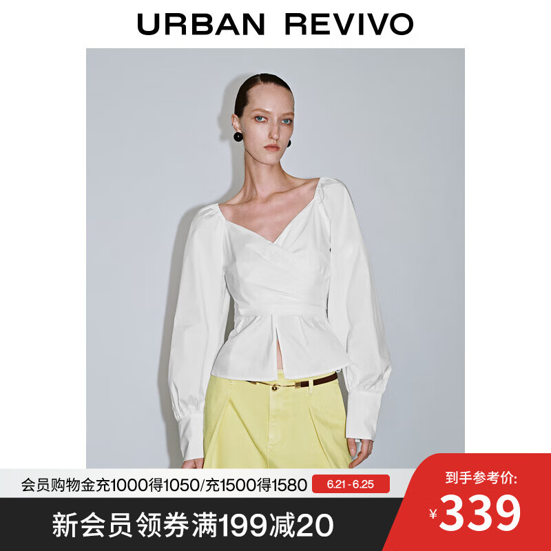 UR2025夏季新款女装法式气质V领交叉绑带式罩衫衬衫UWG250084 本白 L
