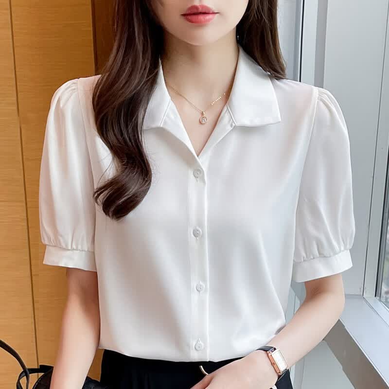 潮梦城短袖衬衫女白衬衫女夏季短袖免烫抗皱设计感小众高级感衬衣职业正 白色  S  80-95斤