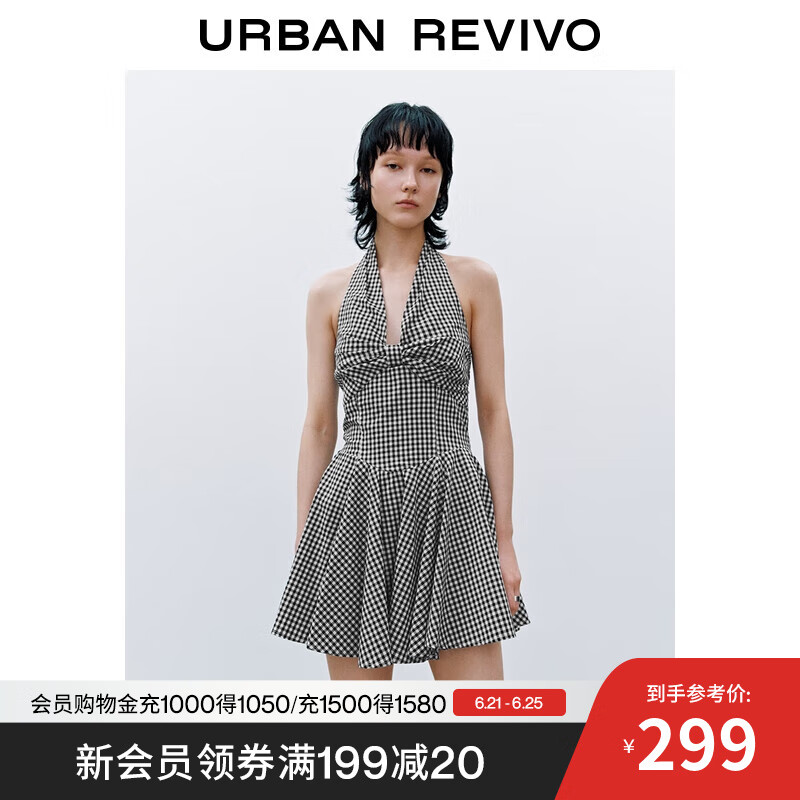 UR2025夏季新款女装设计感挂脖格纹打揽无袖连衣裙UYU750104 黑色格子 M