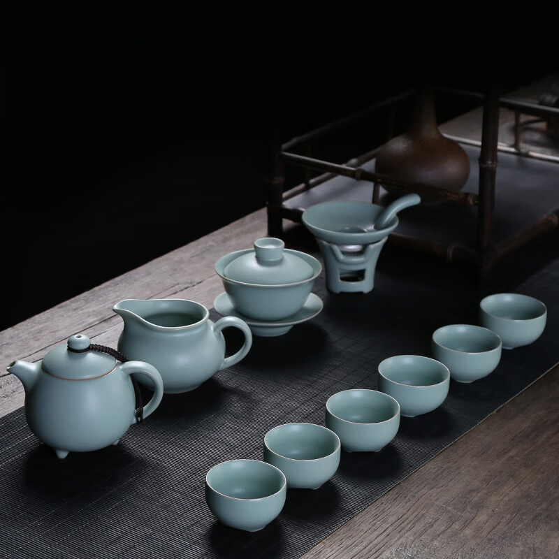 祥業(yè)汝窯功夫茶具套裝陶瓷家用中式茶壺茶杯蓋碗辦公家用汝瓷禮盒 貴妃壺套裝 10頭