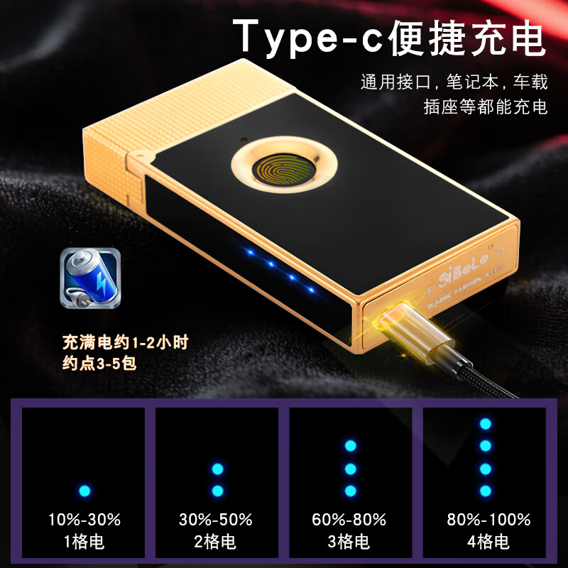 仕保罗(SiBoLo)纯黄铜防风电弧朗声真指纹打火机充电定制男士七夕情人节礼物男友 可定制-黑金密令+礼盒 套装 1个