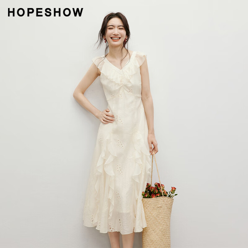 紅袖（hopeshow）甜美新款連衣裙波嬉風(fēng)蕾絲繡花荷葉邊無袖裙 米白004 M
