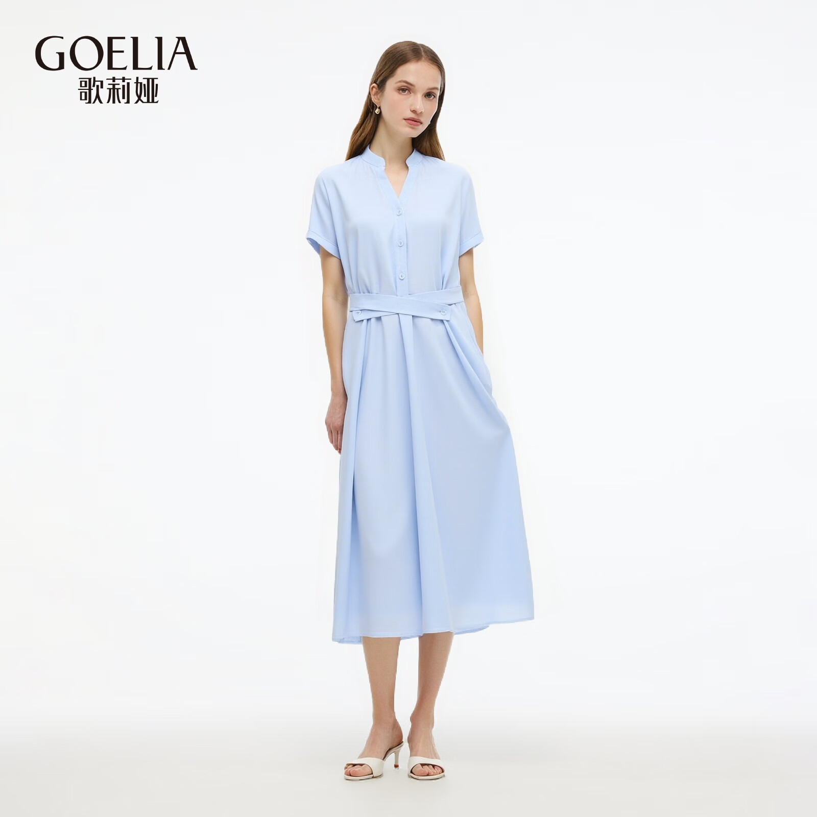 歌莉娅醋酸仿麻连衣裙夏装新品气质收腰欧若风裙子出游穿搭1E9L4K740 15U灰蓝 XS