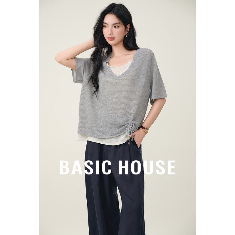百家好（Basic House）Basic House/百家好假两件短袖针织衫夏季短款抽绳撞色套头上衣女 灰色 L