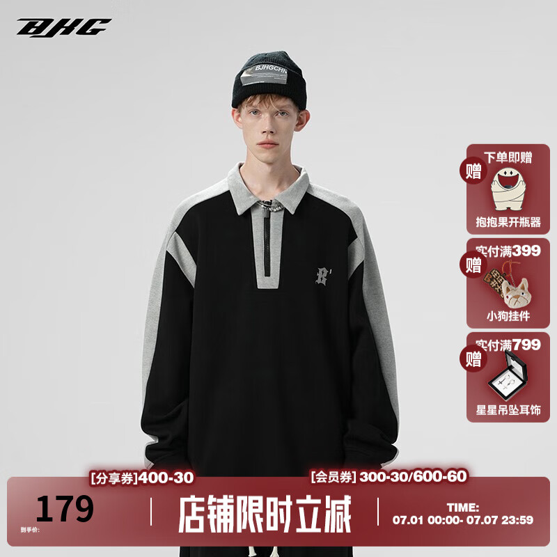 BJHG【白鹿同款】秋重磅美式復(fù)古POLO衛(wèi)衣男潮情侶OVERSIZE棒球衫上衣 黑色 S