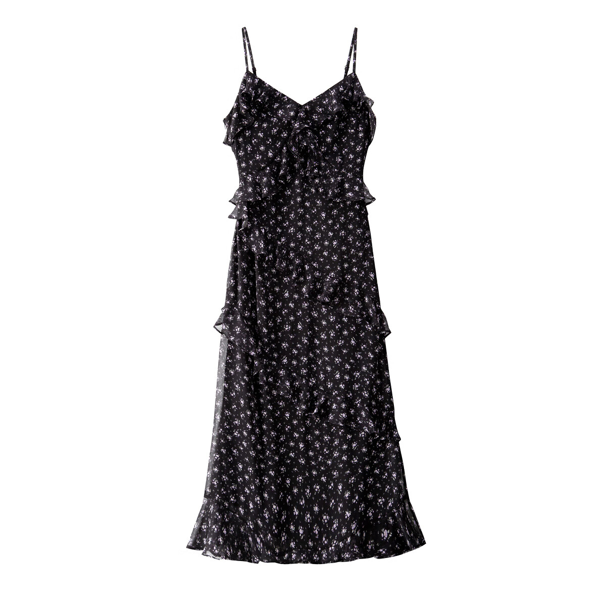 banana cici2025年秋季新款浪漫气质荷叶边雪纺碎花吊带连衣裙C2F3LY008 黑色 L