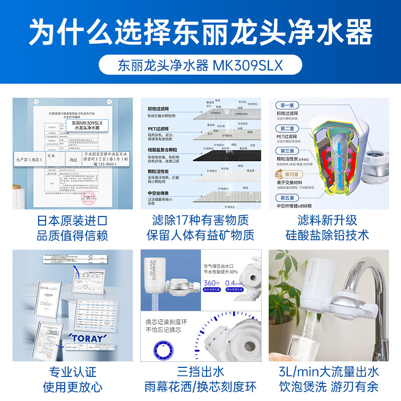 东丽(TORAY)日本原装进口直饮净水器净饮机自来水龙头保留矿物质过滤器除铅除菌除氯家用厨房小巧便携MK309SLX MK309SLX一机一芯