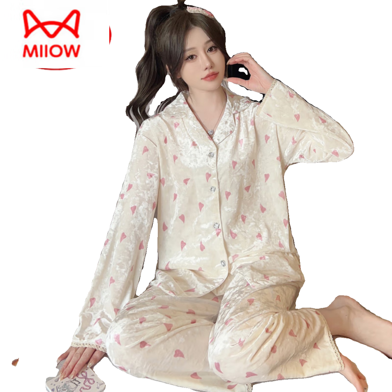 猫人（MiiOW）秋冬季长袖金丝绒睡衣女2026年新款可爱印花钻石绒家居服ins套装 HH-8906#爱心套装绒 M