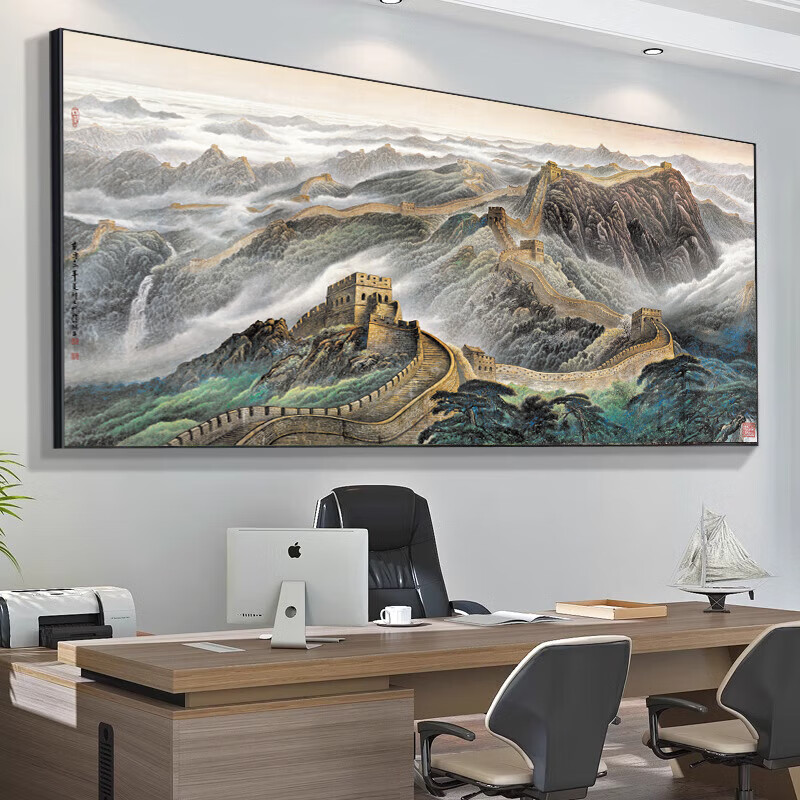 柳莺花燕流水生财客厅挂画新中式沙发背景墙国画办公室装饰字画山水画壁画 旭日东升 100cm*200cm【铝合金框】 画布纹理【画面】