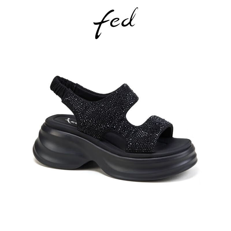 FED厚底运动凉鞋夏季新款女鞋黑色一脚蹬增高凉鞋女款S0421-YA591