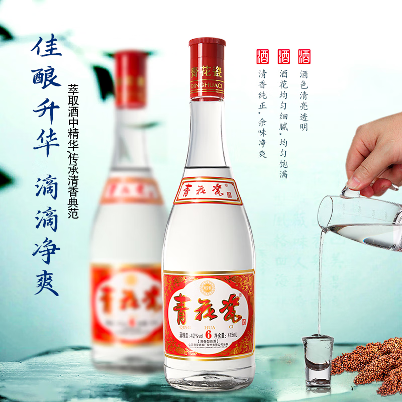 青花瓷红6光瓶酒42度清香型白酒整箱纯粮食酒水口粮酒送礼官方旗舰店 42度 475mL 2瓶 【口粮酒】