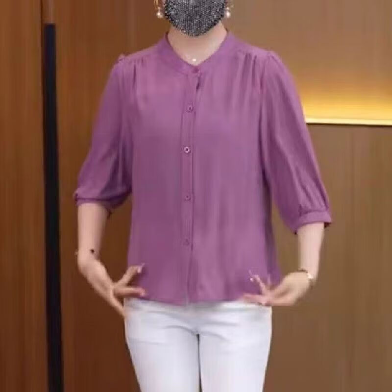 夏季新款轻风纱显瘦妈妈装衬衣 玫红色 3XL 140-155斤