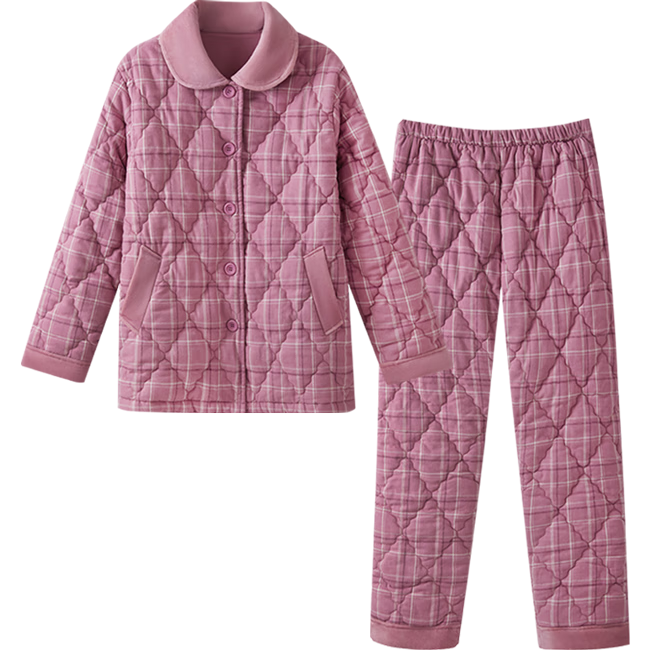三槍【三層加厚夾棉】睡衣女絨布加厚復古格紋情侶可外穿家居服套裝