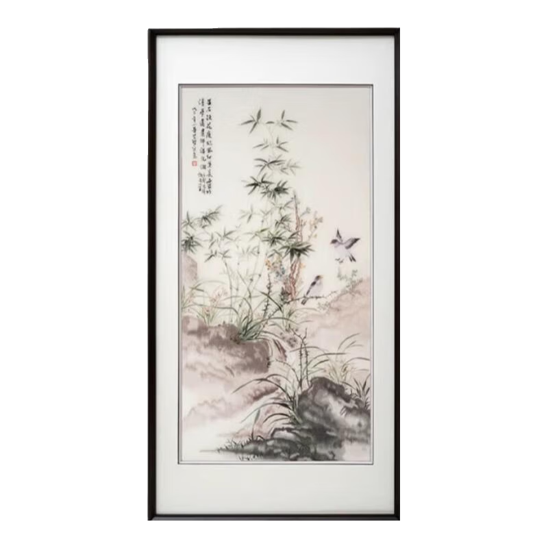 禧卡森新中式書房臥室客廳沙發(fā)墻蘇繡裝飾掛畫高端掛畫蘭竹圖手工刺繡畫 蘭竹圖 65*125cm非遺純手工蘇繡 高端進(jìn)口實(shí)木邊框
