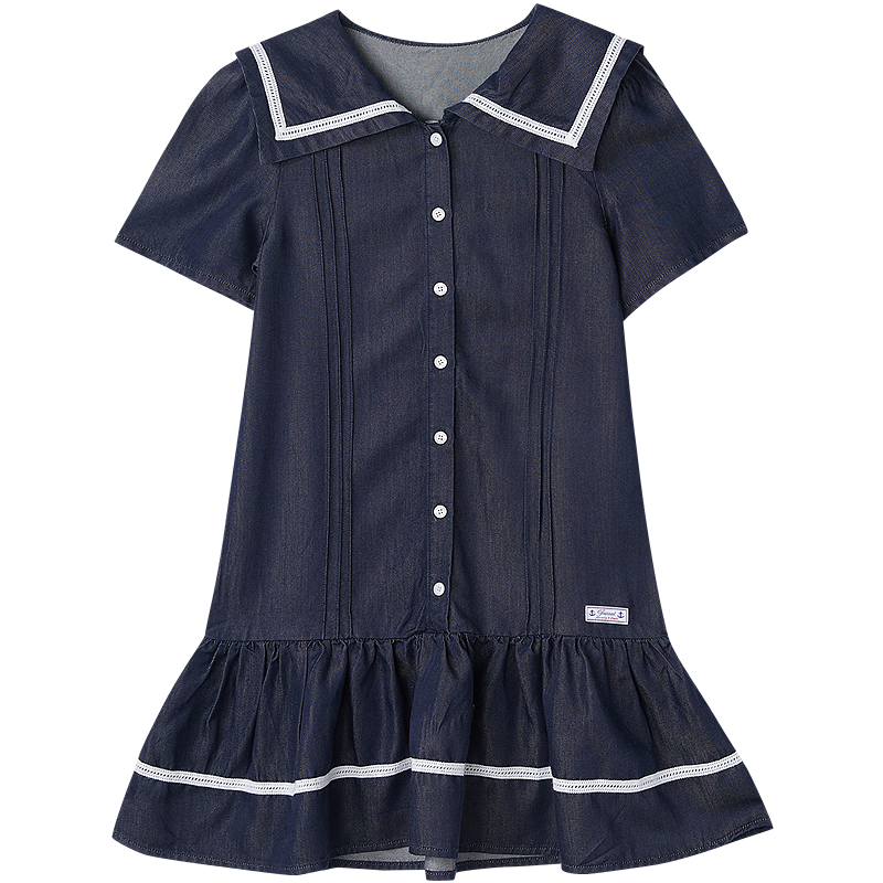 笛莎（DEESHA）童裝兒童女童連衣裙2025夏季新款青少年學(xué)院風(fēng)復(fù)古海軍領(lǐng)牛仔裙 深藏青 160