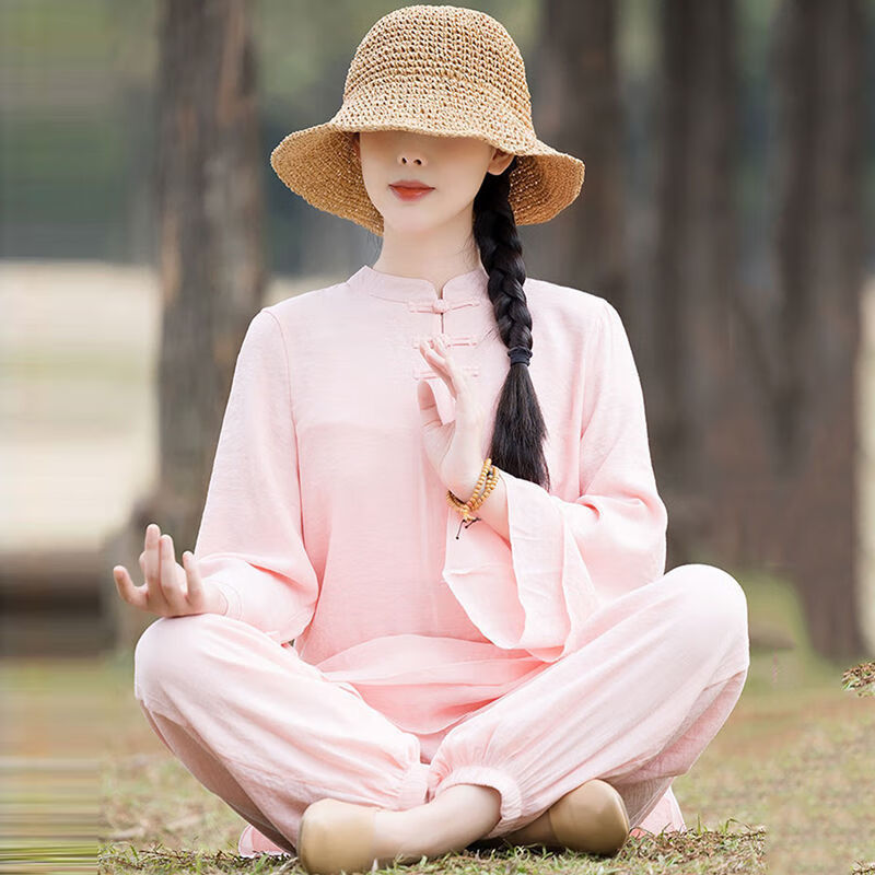 婕茵桐棉麻禪服純色瑜伽太極服套裝女圓領(lǐng)長(zhǎng)袖長(zhǎng)褲寬松透氣涼爽兩件套 粉紅色 L建議100-115斤