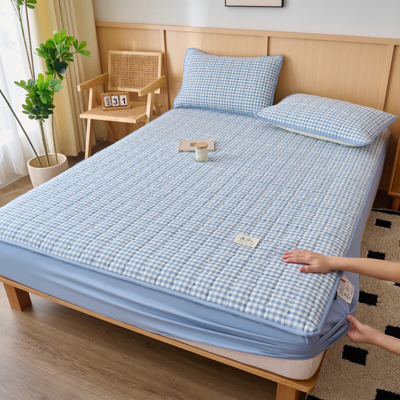 诸禄A类全棉夹棉床笠2米x2.2米2025新款四季通用床罩单件床垫保护隔脏 天蓝小格 床笠三件套 200cm*220cm