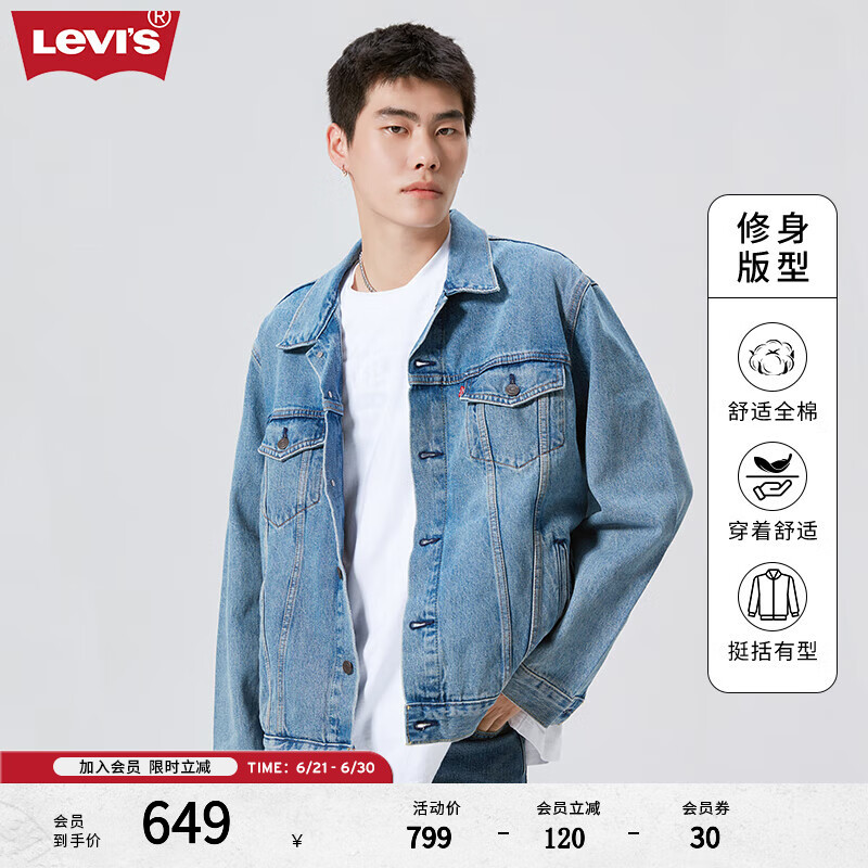Levi’s李維斯情侶同款美式經(jīng)典復(fù)古休閑時(shí)尚潮牌修身牛仔夾克外套 中藍(lán)色 M