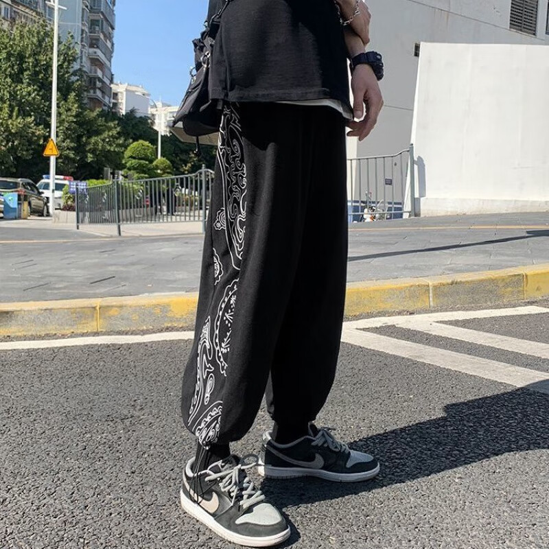 贝吉棋夏季国潮拼接腰果花裤子男士宽松抽绳束脚薄款抽绳休闲 黑色