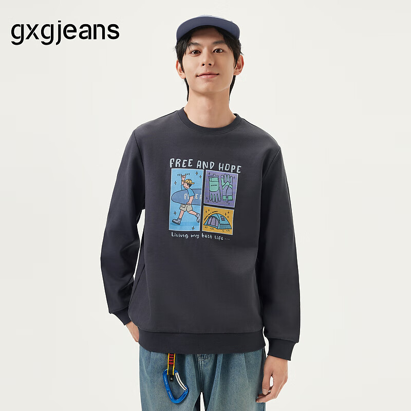gxg.jeans男装 灰色趣味印花简约时尚宽松圆领卫衣男生 25春新品 灰色 L (175)