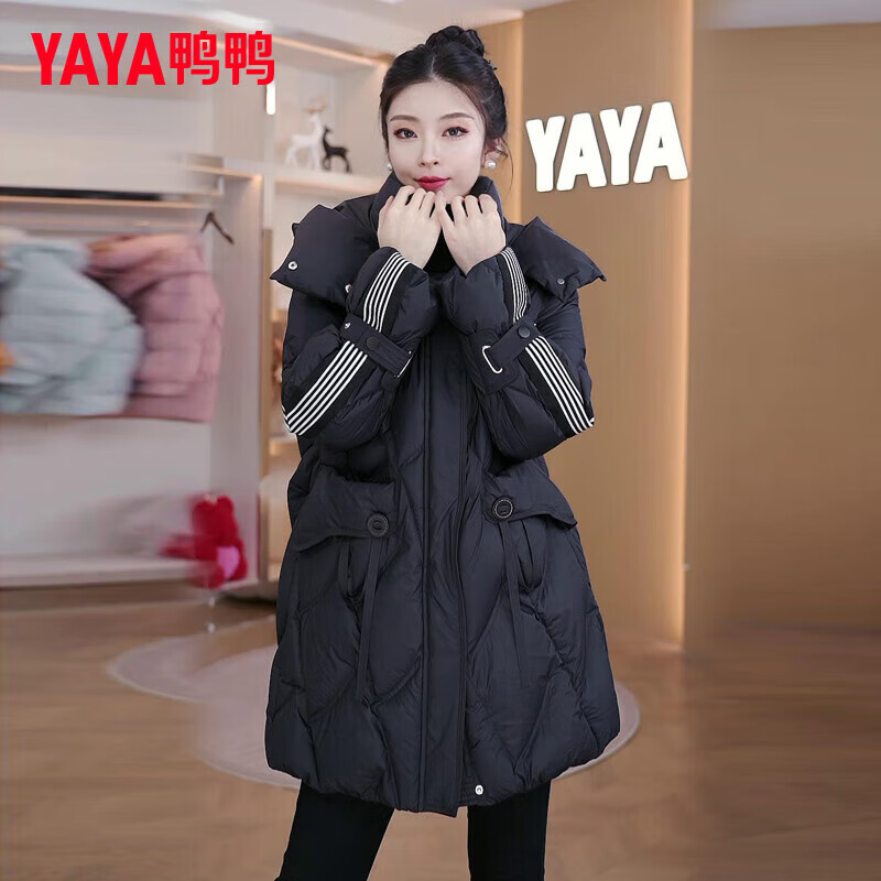 鸭鸭（YAYA）羽绒服女中长款2025冬季新款个性百搭条纹加厚连帽休闲保暖外套HY 黑色 S