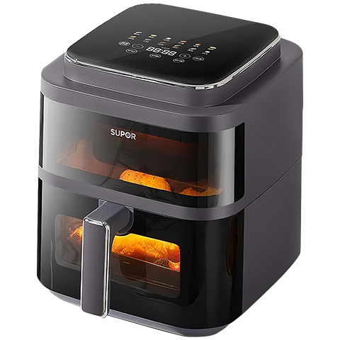 苏泊尔（SUPOR）空气炸锅上下透明大可视窗家用6升大容量免翻面智能大风量蒸汽嫩炸电炸锅全金属内腔薯条机 彩屏触控菜单+360°高速热风 6L