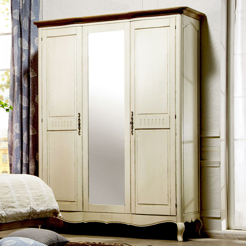 莎庭 法式乡村美式风格卧室衣柜白蜡木衣橱复古白实木带镜子双门衣柜 衣柜