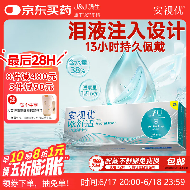 强生隐形眼镜日抛进口欧舒适硅水凝胶高透氧保湿30片装400度