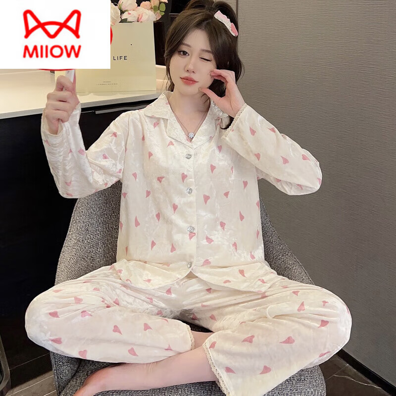 猫人（MiiOW）秋冬季长袖金丝绒睡衣女2026年新款可爱印花钻石绒家居服ins套装 HH-8906#爱心套装绒 M