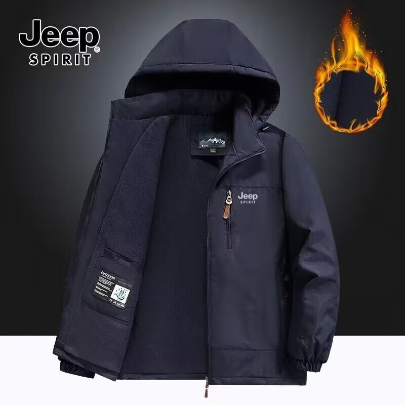 JEEP SPIRIT夹克冲锋衣冬季夹克大码休闲男士加绒加厚防风防水外套冲锋上衣 黑色 2XL(136-150)斤