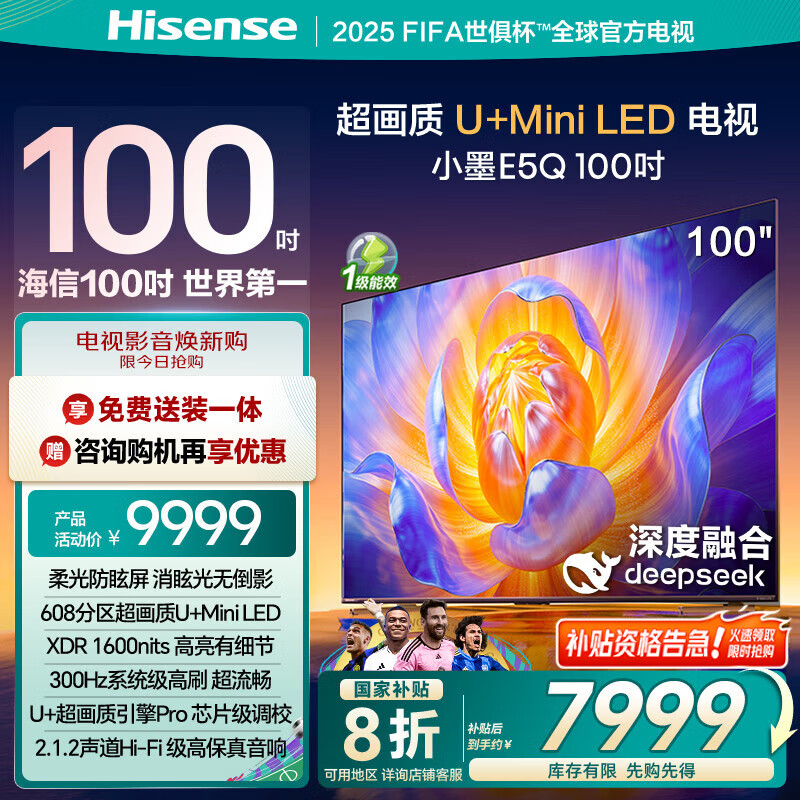 海信电视100E5Q 100英寸 超画质U+MiniLED 柔光防眩屏 U+超画质引擎Pro 国家补贴世俱杯官方电视98/100