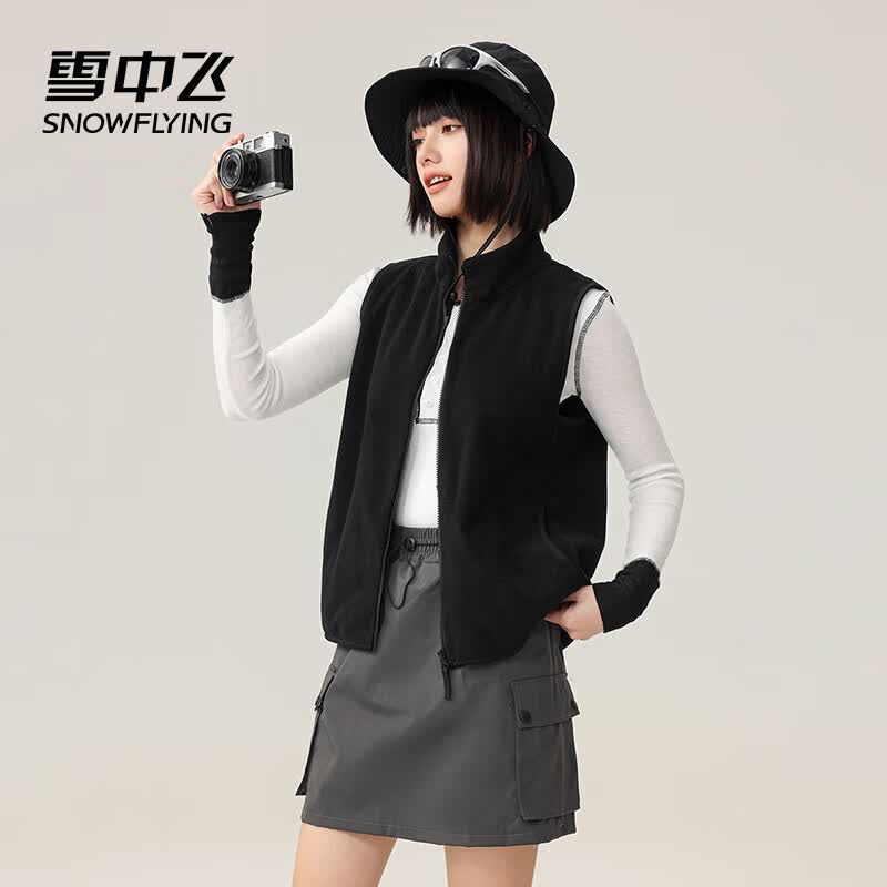 雪中飞摇粒绒马甲女2025秋冬新款情侣立领加厚抓绒背心 黑色 M165