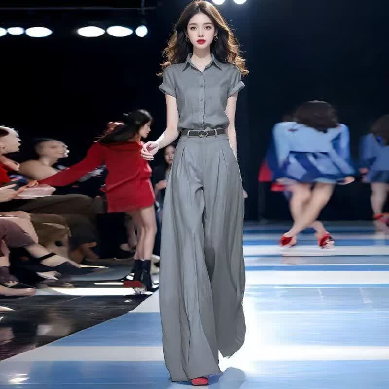 精尼琳百搭时尚气质套装女2025夏季新款薄款短袖衬衫阔腿裤两件套装女潮 灰色 M  80-100