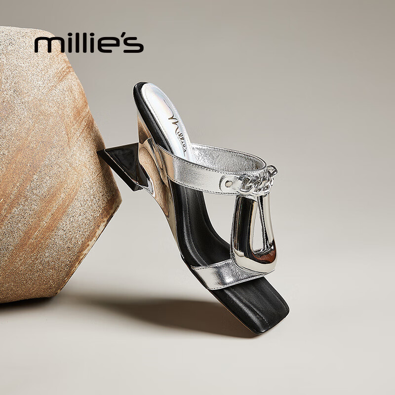 妙丽拖鞋女外穿坡跟时尚设计感休闲百搭凉拖鞋2025冬季新款 银色 37 标准码