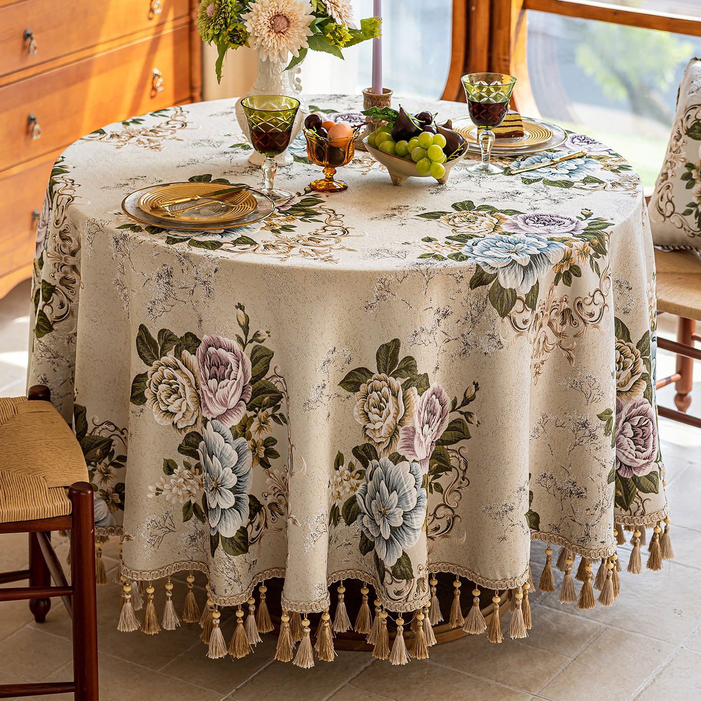 乐唯仕欧式大圆桌桌布2025新款轻奢高级感小圆形茶几台布客厅家用餐桌布 莫利斯花园-米(吊穗款) 220cm直径适合直径160-180cm圆桌
