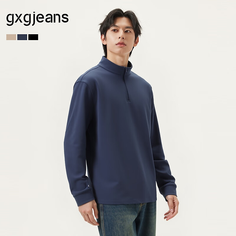 gxg.jeans男装* 多色基础打底宽松半开襟长袖T恤男士 25年秋新品 藏青色 L (175)