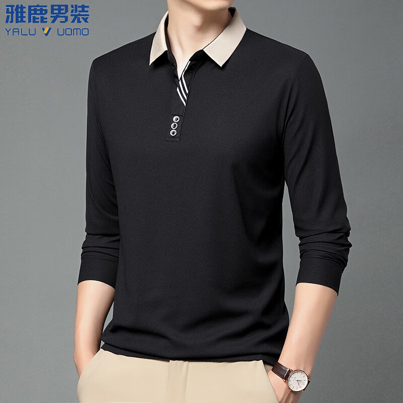 雅鹿速干面料长袖t恤男纯色翻领男士冰丝体恤衫中青年男装 8168-经典黑 XL (175)（建议135-155斤）