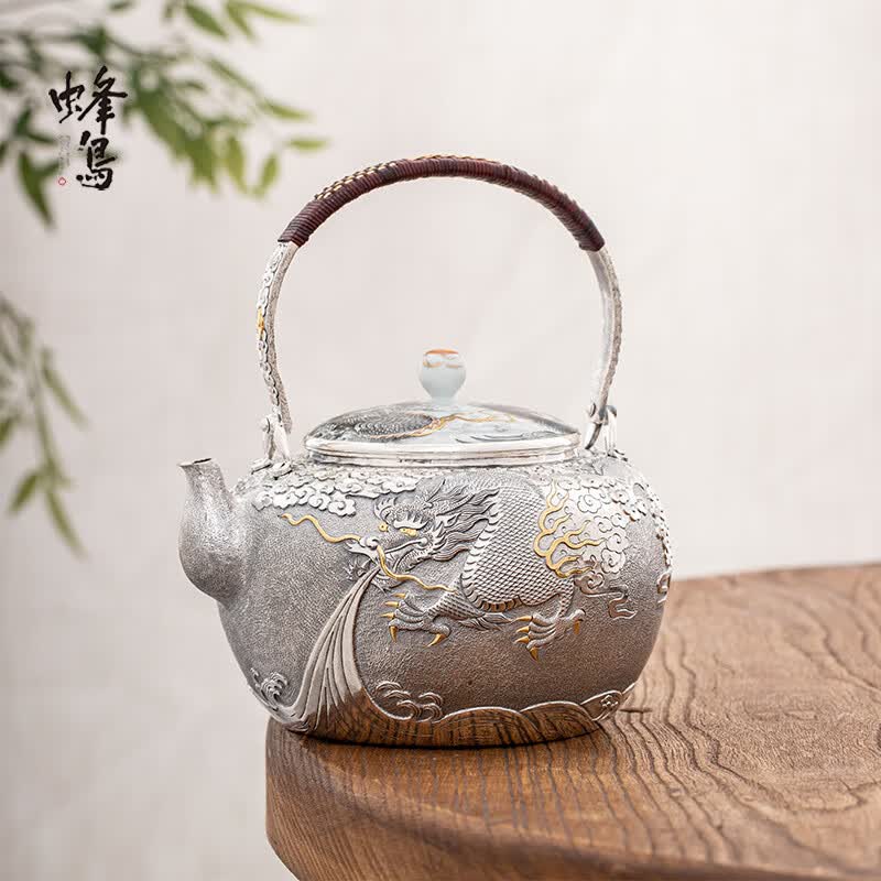 蜂鸟工坊蜂鸟傳家银壶高端全手工一张打高雕刻满錾龙凤三弯嘴提梁大壶