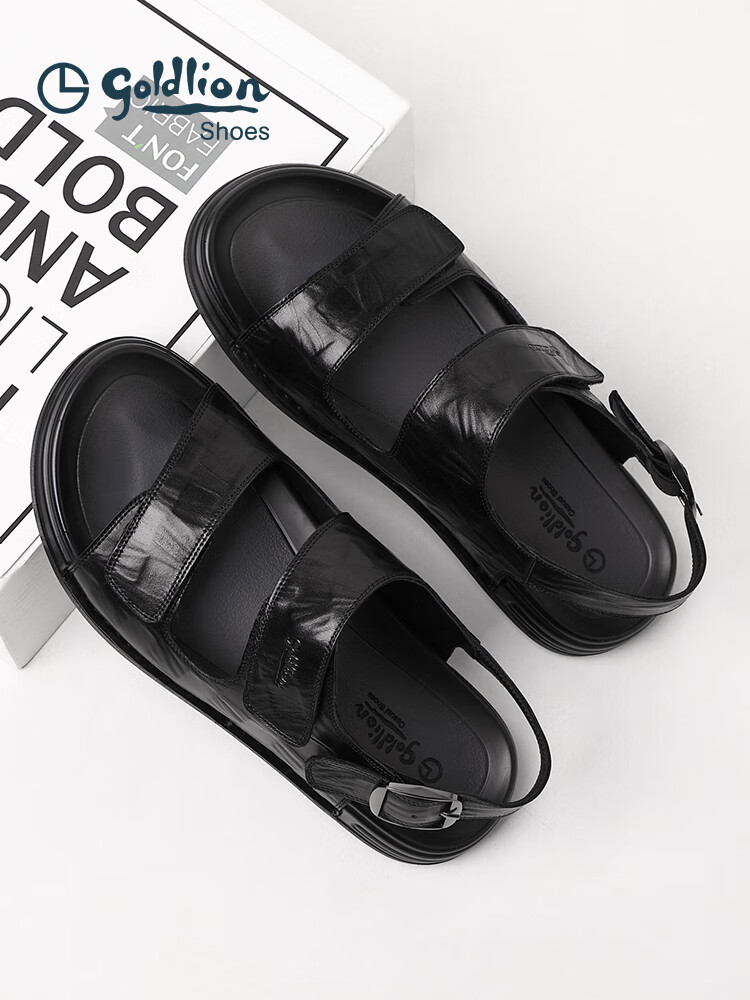 金利来男鞋2025夏季新款时尚休闲沙难鞋真皮透气外穿轻底男士凉鞋 黑色-JY 40