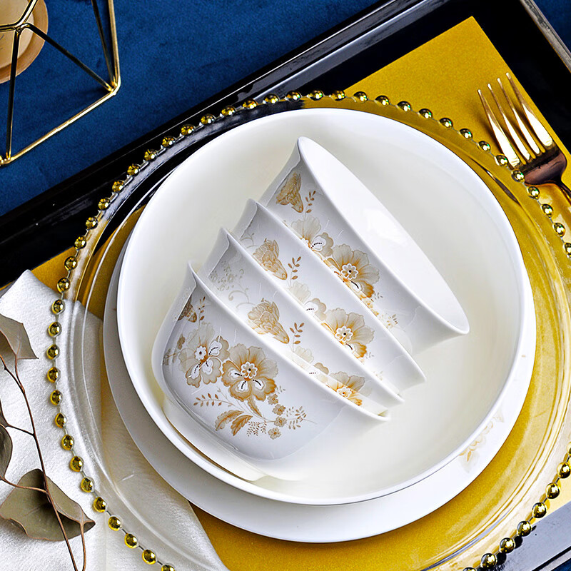 京峰阁 碗盘餐具整套碗具套装 景德镇陶瓷碗碟家用乔迁碗筷套装礼品 国色天香餐具礼盒装