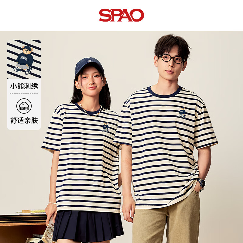 SPAO韩国同款小熊条纹短袖t恤男款夏季宽松百搭休闲上衣SPDX25SD16LD 藏青#SP海军熊-贴布绣 XL