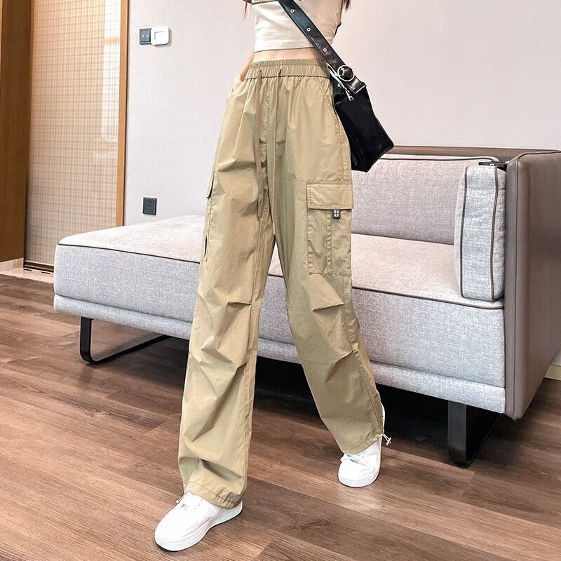 薄款美式工装裤女夏季小个子束脚登山裤休闲宽松阔腿速干运动裤子 卡其色 L 【约105-120斤】