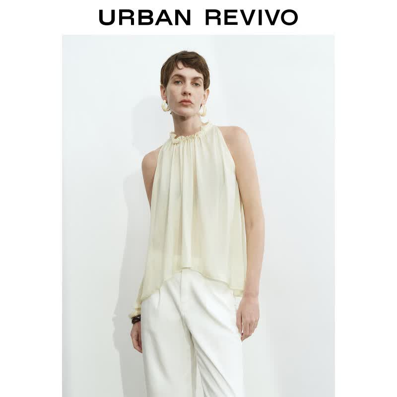 UR秋季新款女装木耳边系带超宽松无袖罩衫衬衫UWM250032 浅黄色 (微透) S (XS-S)