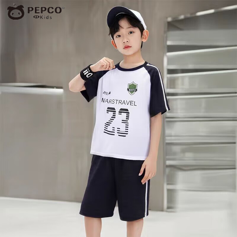 小猪班纳男童短袖短裤套装2025夏季新款儿童球服印花篮球服运动训练两件套 白色 100