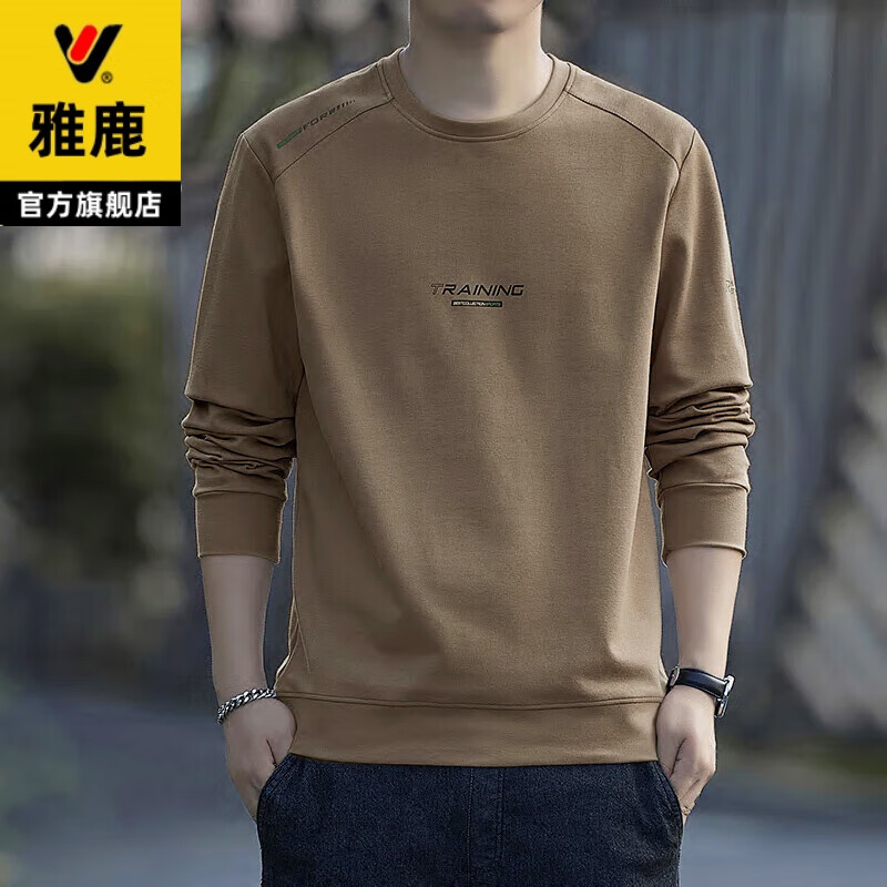 百亿补贴：雅鹿卫衣男秋冬季圆领男装男士加绒加厚宽松长袖T恤上衣时尚潮牌衣服 浅卡其 常规 高品质 4XL 推荐165-180斤 68元