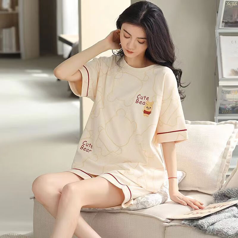 【优选直发】少女短袖短裤圆领睡衣学生卡通宿舍套装夏季可外穿女 云朵星星不带胸垫 M 女