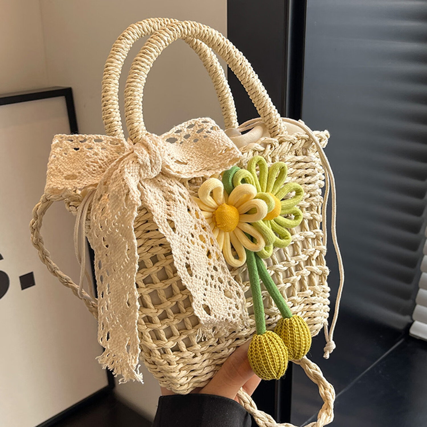 滕閣廂 草編包 手提包女小挎包女斜挎菜籃子編織手提沙灘海邊單肩斜挎包 米色 兩朵小花