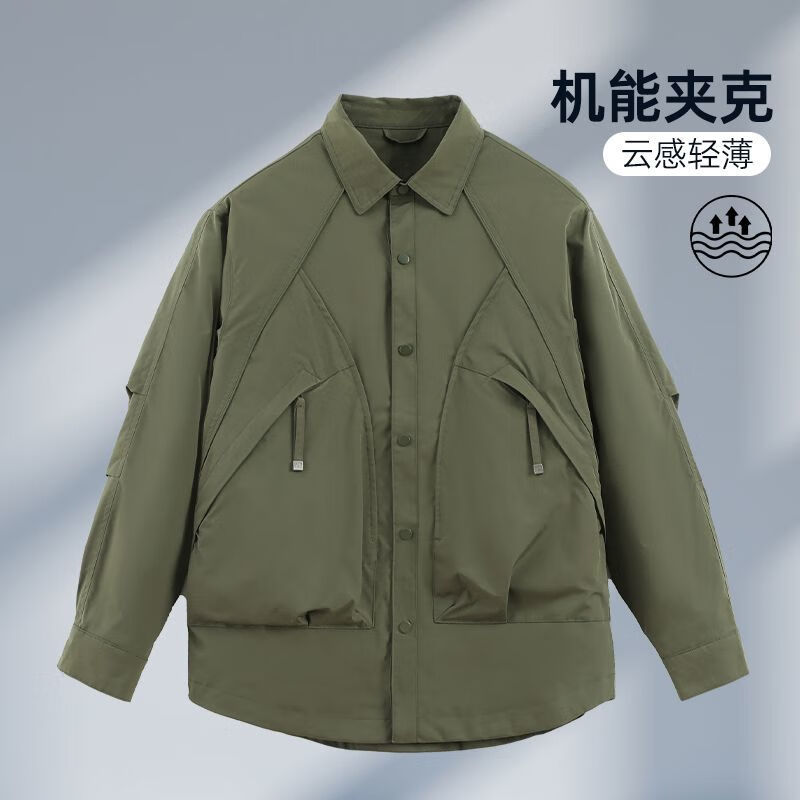 迪搜男士休闲翻领夹克2025春秋潮牌青年工装大码多巴胺宽松衬衫外套男 咸菜绿 3XL 175-195斤