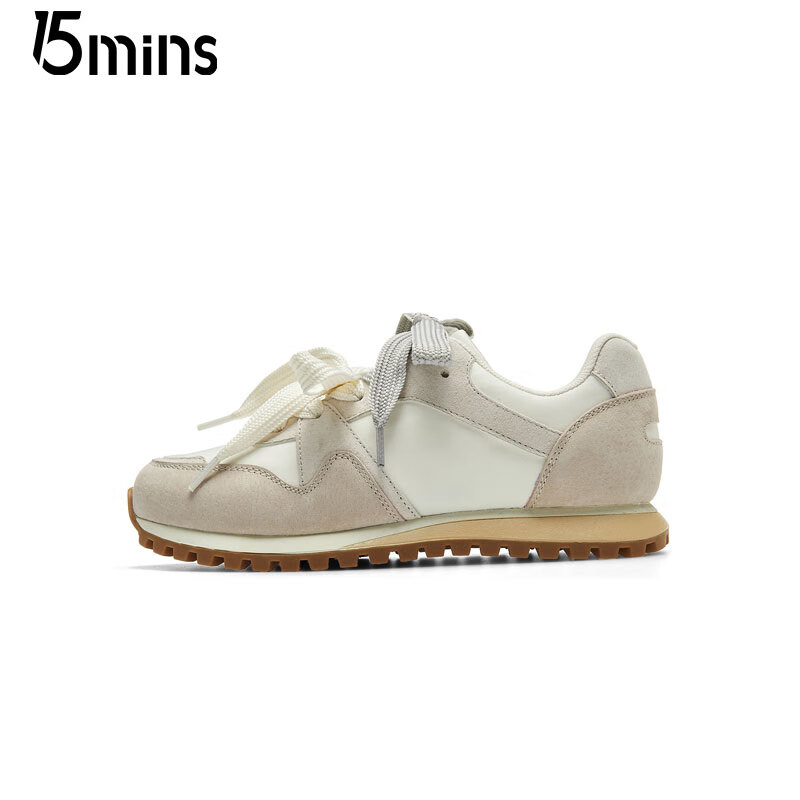 15MINS厚底阿甘鞋女2025秋季新款时尚运动女鞋舒适百搭软底休闲鞋子女 米灰色 37