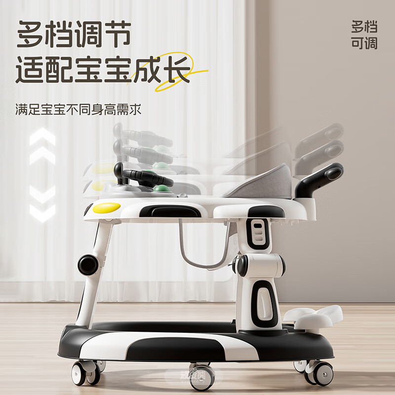 顽皮熊婴儿学步车新款多功能助步车宝宝学走路可推可坐可折叠防侧翻 612黑+餐盘+音乐+脚垫+双推把+棚